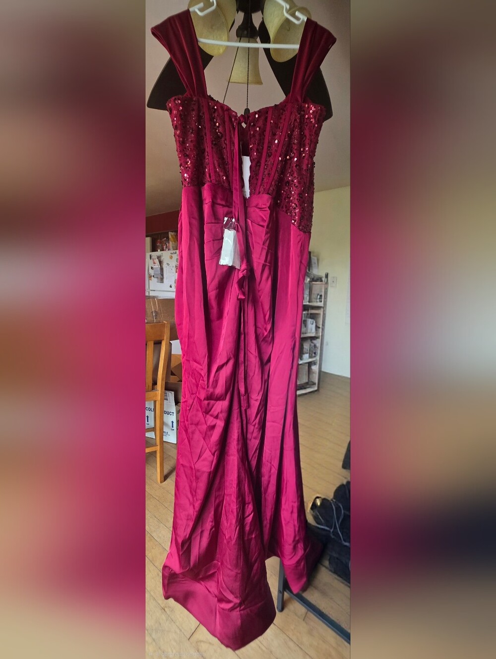 Elegant Burgundy Sequin Draped Prom Gown - Picture 2 of 7